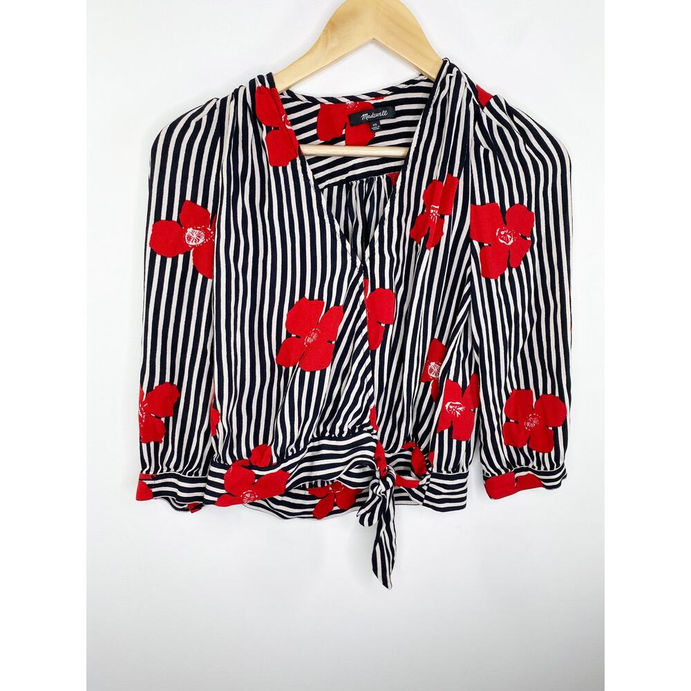 Madewell Black White Striped Red Floral‎ V-Neck Tie-Front Blouse Women XS ER24